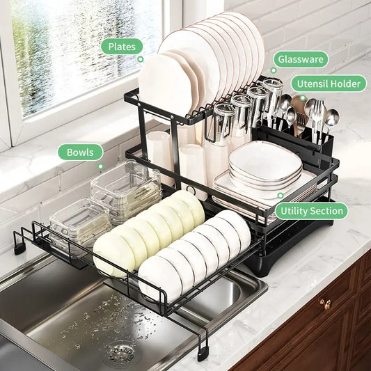 Foldable Over Sink Dish Rack|2-Tier Pull-Out Dish Drainer with Utensil Caddy|Space Saving Kitchen Organizer Ideal for Small Kitchen Spaces