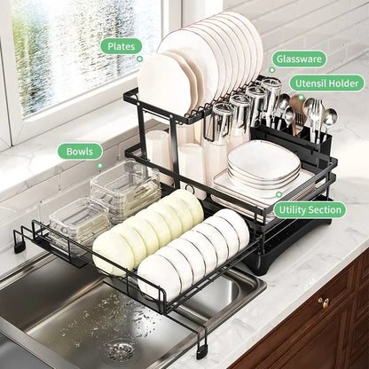 Foldable Over Sink Dish Rack｜2-Tier Pull-Out Dish Drainer with Utensil Caddy｜Space Saving Kitchen Organizer Ideal for Small Kitchen Spaces