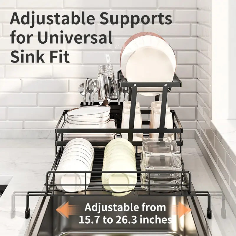 Foldable Over Sink Dish Rack｜2-Tier Pull-Out Dish Drainer with Utensil Caddy｜Space Saving Kitchen Organizer Ideal for Small Kitchen Spaces