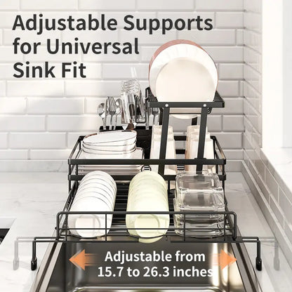 Foldable Over Sink Dish Rack｜2-Tier Pull-Out Dish Drainer with Utensil Caddy｜Space Saving Kitchen Organizer Ideal for Small Kitchen Spaces