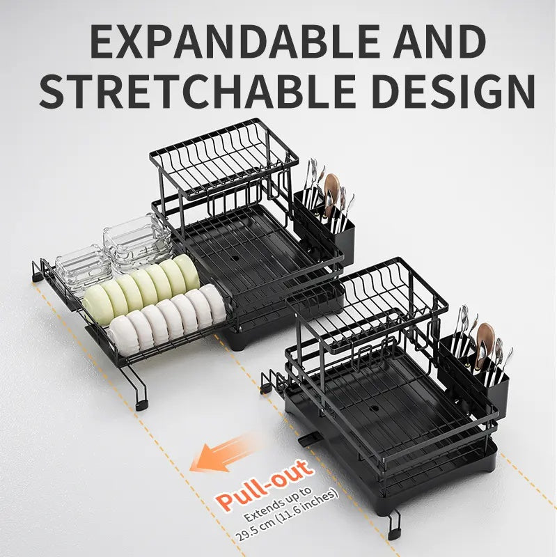 Foldable Over Sink Dish Rack｜2-Tier Pull-Out Dish Drainer with Utensil Caddy｜Space Saving Kitchen Organizer Ideal for Small Kitchen Spaces