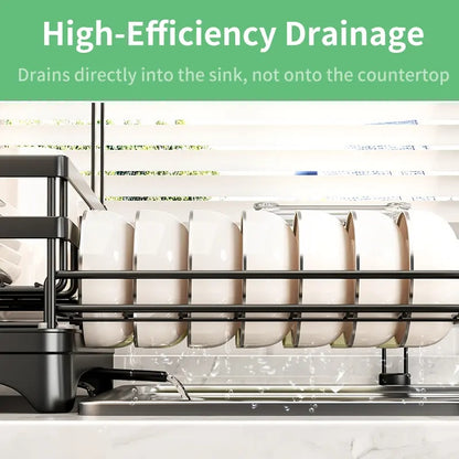 Foldable Over Sink Dish Rack｜2-Tier Pull-Out Dish Drainer with Utensil Caddy｜Space Saving Kitchen Organizer Ideal for Small Kitchen Spaces