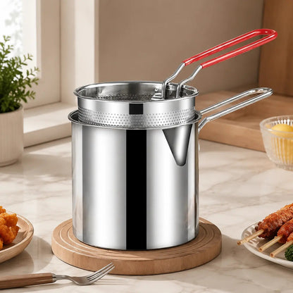 Mini Stainless Steel Deep Frying Pot Set‑5.12×4.72 Inch Single‑Serve Cookware with Fry Basket, Filter Mesh & Food Tongs, Rust‑Proof Portable Frying Pan for Household Kitchen, Perfect for Chips & Chicken Wings