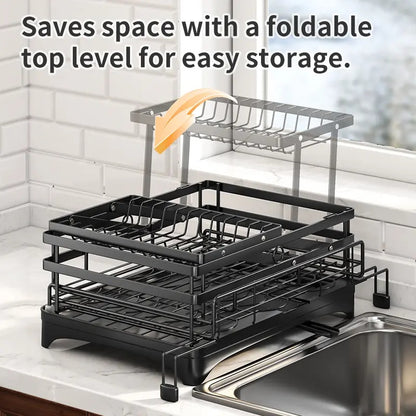Foldable Over Sink Dish Rack｜2-Tier Pull-Out Dish Drainer with Utensil Caddy｜Space Saving Kitchen Organizer Ideal for Small Kitchen Spaces