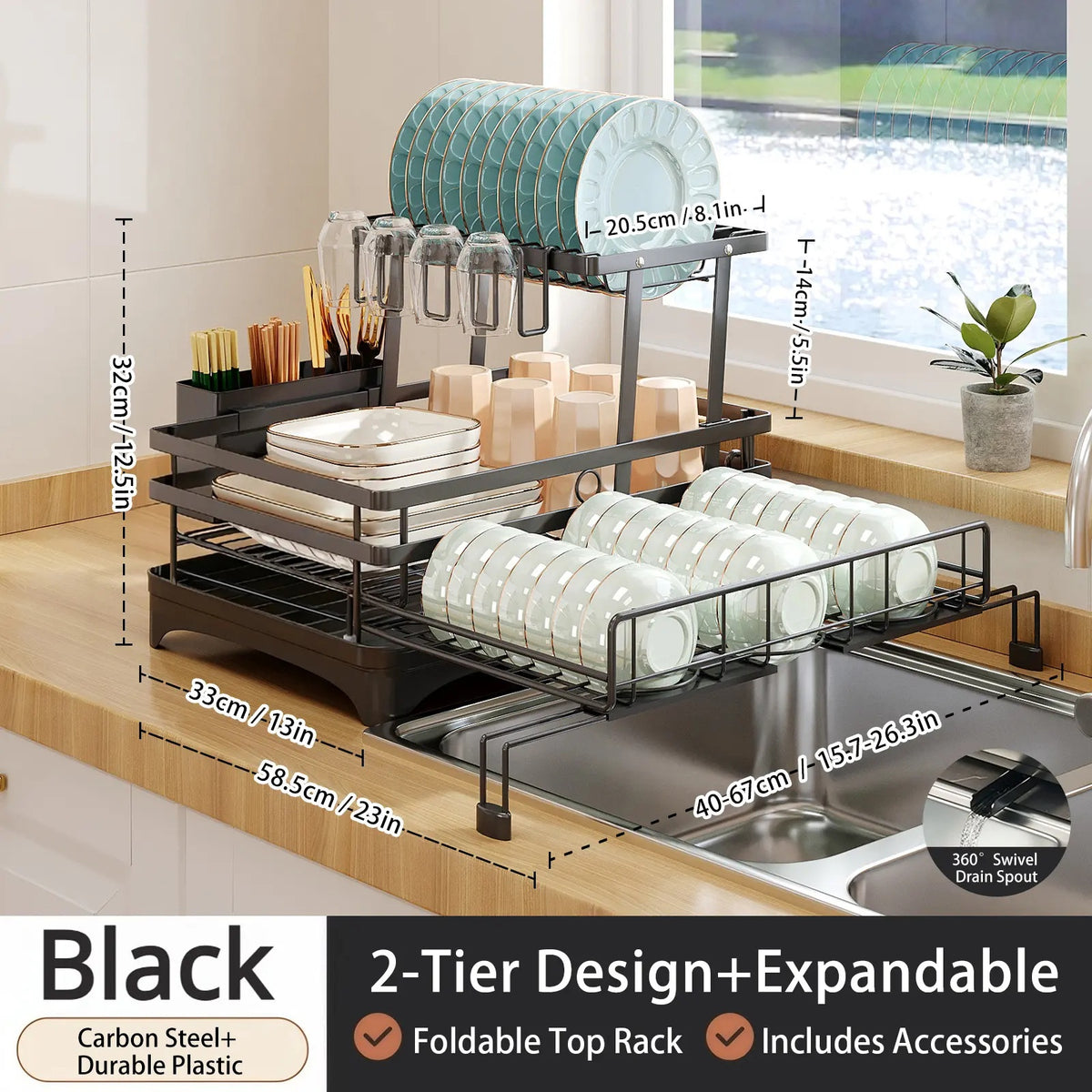 Foldable Over Sink Dish Rack｜2-Tier Pull-Out Dish Drainer with Utensil Caddy｜Space Saving Kitchen Organizer Ideal for Small Kitchen Spaces