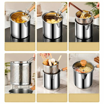 Mini Stainless Steel Deep Frying Pot Set‑5.12×4.72 Inch Single‑Serve Cookware with Fry Basket, Filter Mesh & Food Tongs, Rust‑Proof Portable Frying Pan for Household Kitchen, Perfect for Chips & Chicken Wings
