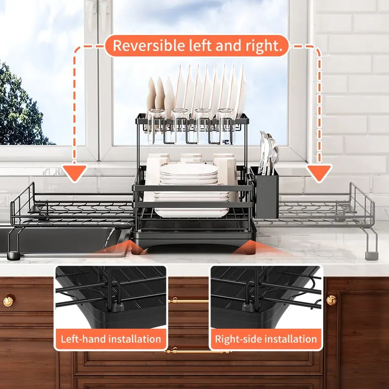 Foldable Over Sink Dish Rack｜2-Tier Pull-Out Dish Drainer with Utensil Caddy｜Space Saving Kitchen Organizer Ideal for Small Kitchen Spaces