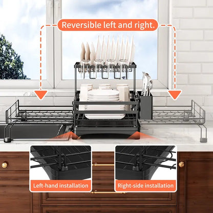 Foldable Over Sink Dish Rack｜2-Tier Pull-Out Dish Drainer with Utensil Caddy｜Space Saving Kitchen Organizer Ideal for Small Kitchen Spaces