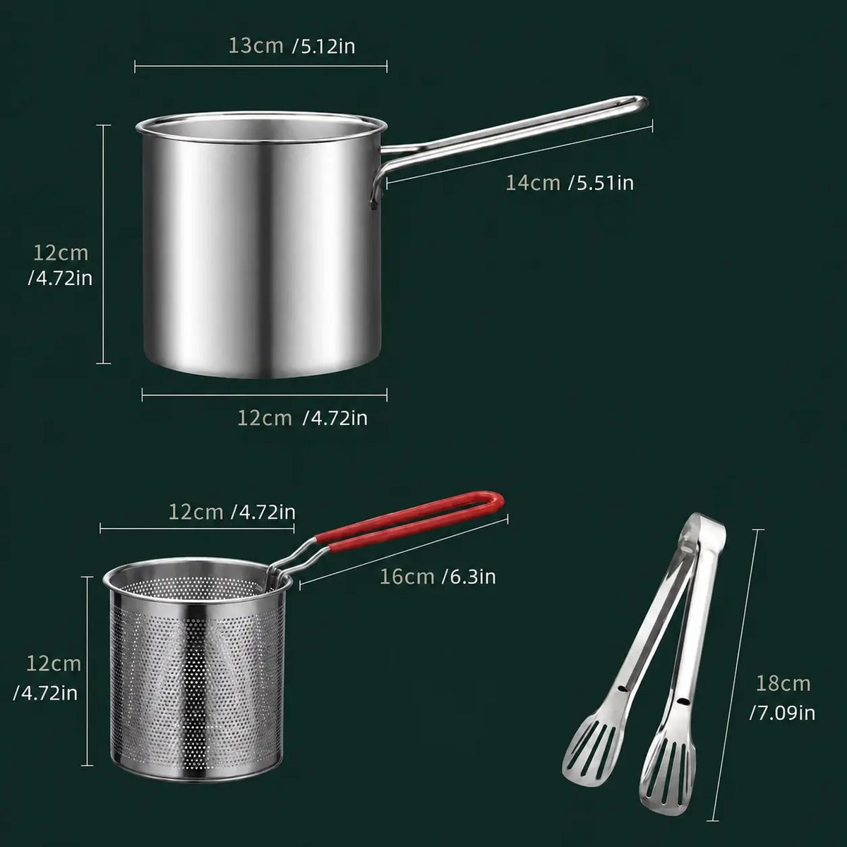 Mini Stainless Steel Deep Frying Pot Set‑5.12×4.72 Inch Single‑Serve Cookware with Fry Basket, Filter Mesh & Food Tongs, Rust‑Proof Portable Frying Pan for Household Kitchen, Perfect for Chips & Chicken Wings