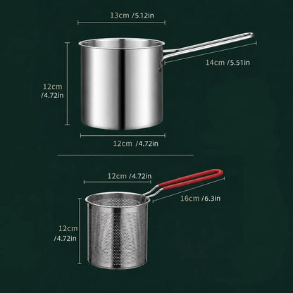 Mini Stainless Steel Deep Frying Pot Set‑5.12×4.72 Inch Single‑Serve Cookware with Fry Basket, Filter Mesh & Food Tongs, Rust‑Proof Portable Frying Pan for Household Kitchen, Perfect for Chips & Chicken Wings