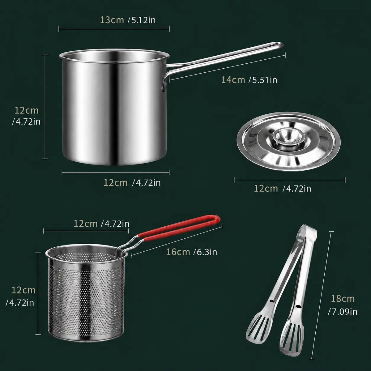 Mini Stainless Steel Deep Frying Pot Set‑5.12×4.72 Inch Single‑Serve Cookware with Fry Basket, Filter Mesh & Food Tongs, Rust‑Proof Portable Frying Pan for Household Kitchen, Perfect for Chips & Chicken Wings