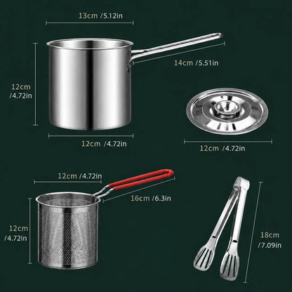 Mini Stainless Steel Deep Frying Pot Set‑5.12×4.72 Inch Single‑Serve Cookware with Fry Basket, Filter Mesh & Food Tongs, Rust‑Proof Portable Frying Pan for Household Kitchen, Perfect for Chips & Chicken Wings