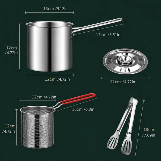 Mini Stainless Steel Deep Frying Pot Set‑5.12×4.72 Inch Single‑Serve Cookware with Fry Basket, Filter Mesh & Food Tongs, Rust‑Proof Portable Frying Pan for Household Kitchen, Perfect for Chips & Chicken Wings
