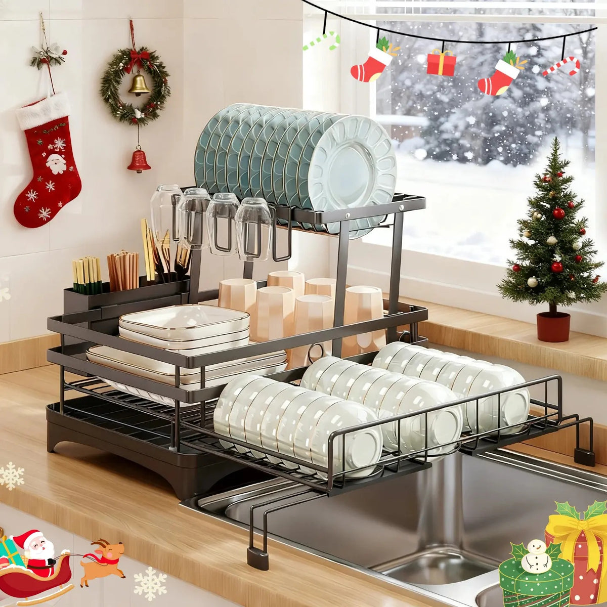Foldable Over Sink Dish Rack｜2-Tier Pull-Out Dish Drainer with Utensil Caddy｜Space Saving Kitchen Organizer Ideal for Small Kitchen Spaces
